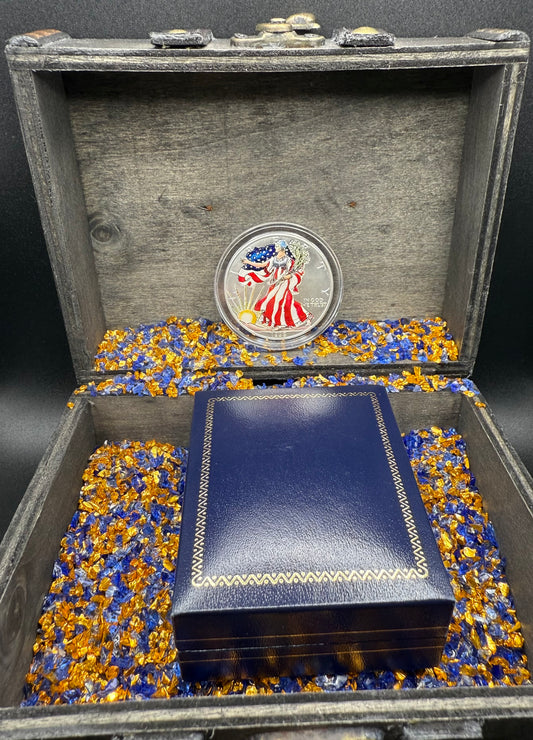 Colorized Hand Painted 1999 $1 American Silver Eagle Coin Brilliant Uncirculated Excellent Condition Satin Finish Includes New Capsule, COA, Coin Box & Wooden Treasure Box