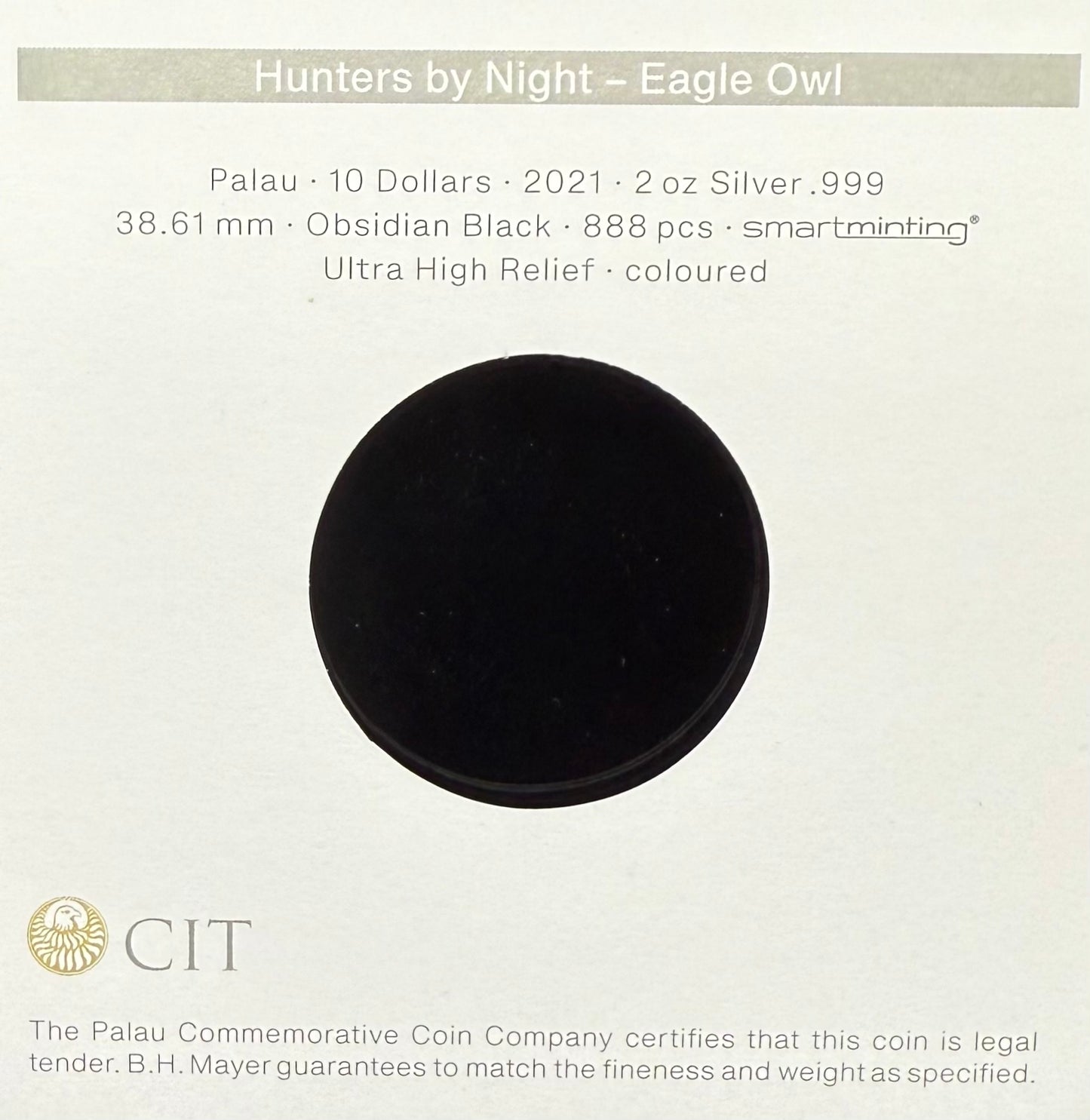 Proof 2021 $10 Palau Eagle Owl Hunters by Night 2 Ounce Silver .999 Obsidian Black Ultra High Relief Coin Rare 1 of 888 CIT Includes COA & Display Case