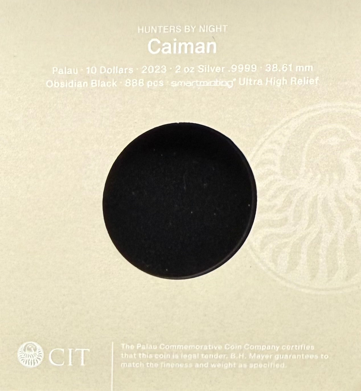 Proof 2023 $10 Palau Caiman Hunters by Night 2 Ounce Silver .999 Obsidian Black Ultra High Relief Coin Rare 1 of 888 CIT Includes COA & Display Case
