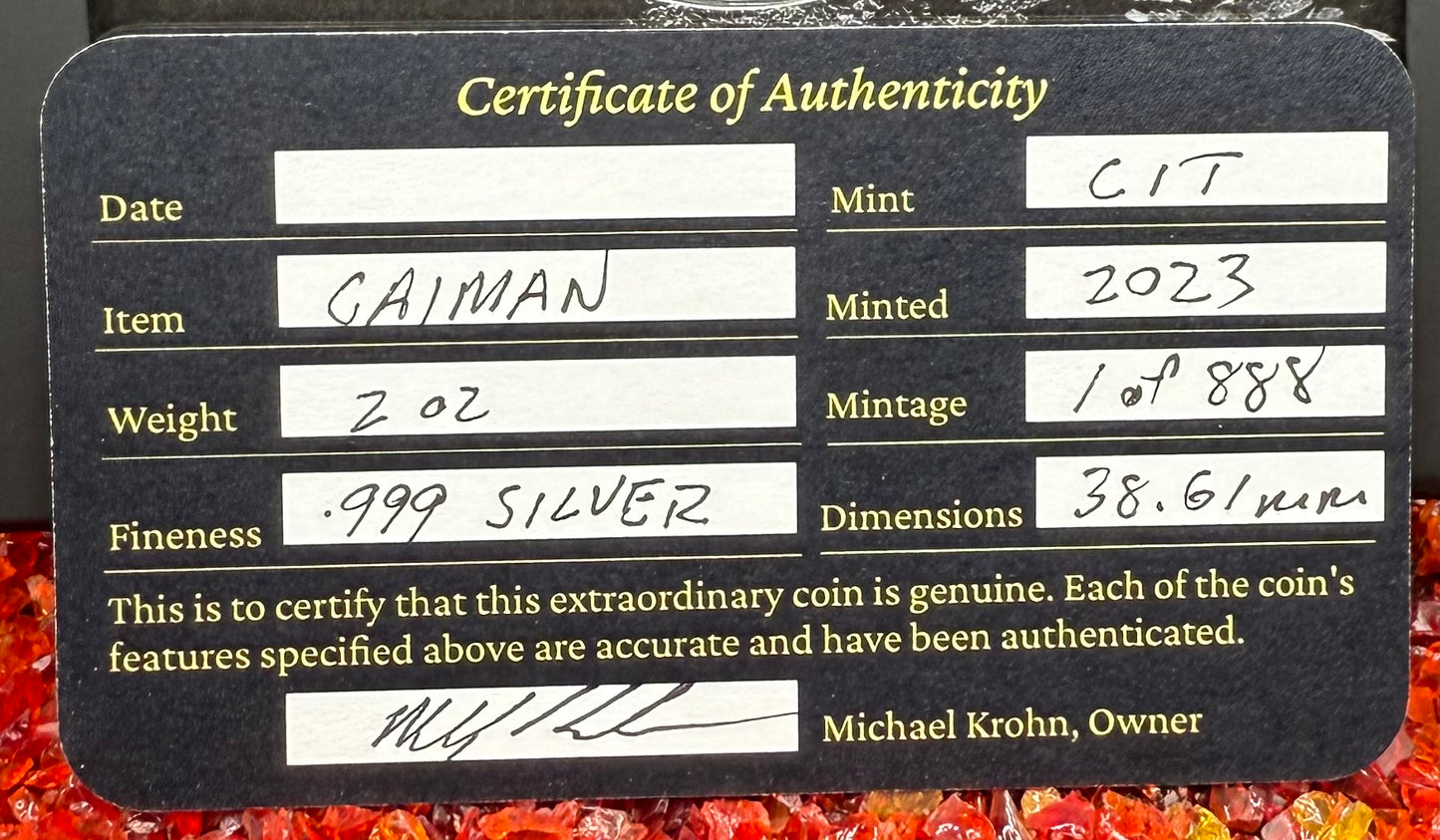 Proof 2023 $10 Palau Caiman Hunters by Night 2 Ounce Silver .999 Obsidian Black Ultra High Relief Coin Rare 1 of 888 CIT Includes COA & Display Case