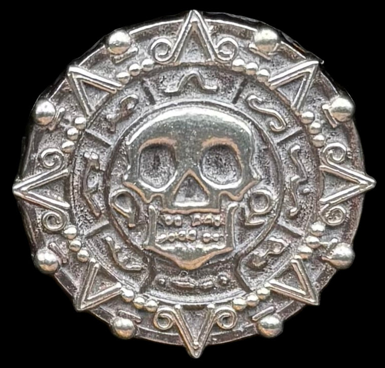 'Aztec Silver Doubloon' Pirate Treasure Hand Crafted by Peculiar Coins 1 Troy Ounce .999 Fine Silver Round Hand Crafted Double Sided Skull Antique Finish Includes Wood Treasure Chest, Capsule & COA Mint Condition