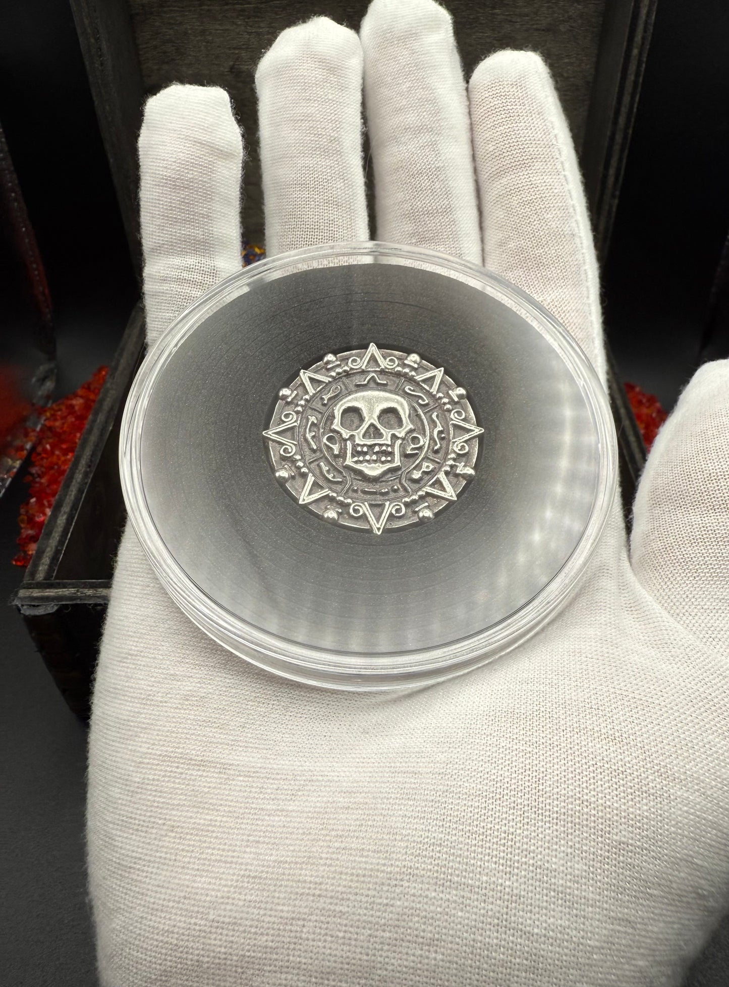 'Aztec Silver Doubloon' Pirate Treasure Hand Crafted by Peculiar Coins 1 Troy Ounce .999 Fine Silver Round Hand Crafted Double Sided Skull Antique Finish Includes Wood Treasure Chest, Capsule & COA Mint Condition