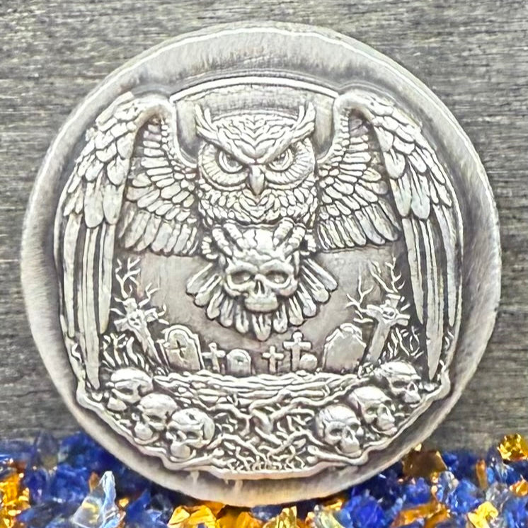 'Owl Amongst The Graves' Hand Crafted by Mutiny Metals 1 Troy Ounce .999 Fine Silver Round High Relief Antique Finish Includes Wood Treasure Chest, Capsule & COA. Limited Edition