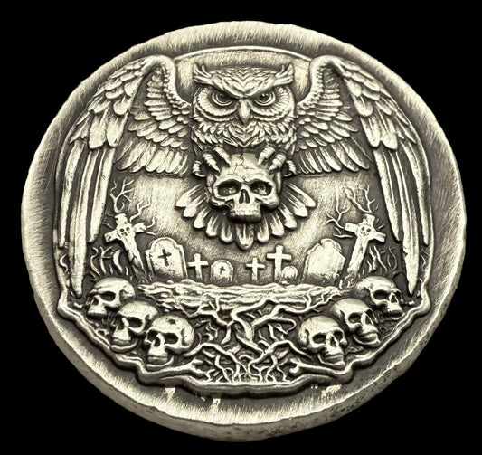 'Owl Amongst The Graves' Hand Crafted by Mutiny Metals 1 Troy Ounce .999 Fine Silver Round High Relief Antique Finish Includes Wood Treasure Chest, Capsule & COA. Limited Edition