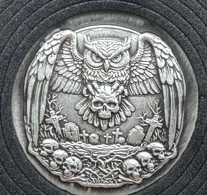 'Owl Amongst The Graves' Hand Crafted by Mutiny Metals 1 Troy Ounce .999 Fine Silver Round High Relief Antique Finish Includes Wood Treasure Chest, Capsule & COA. Limited Edition