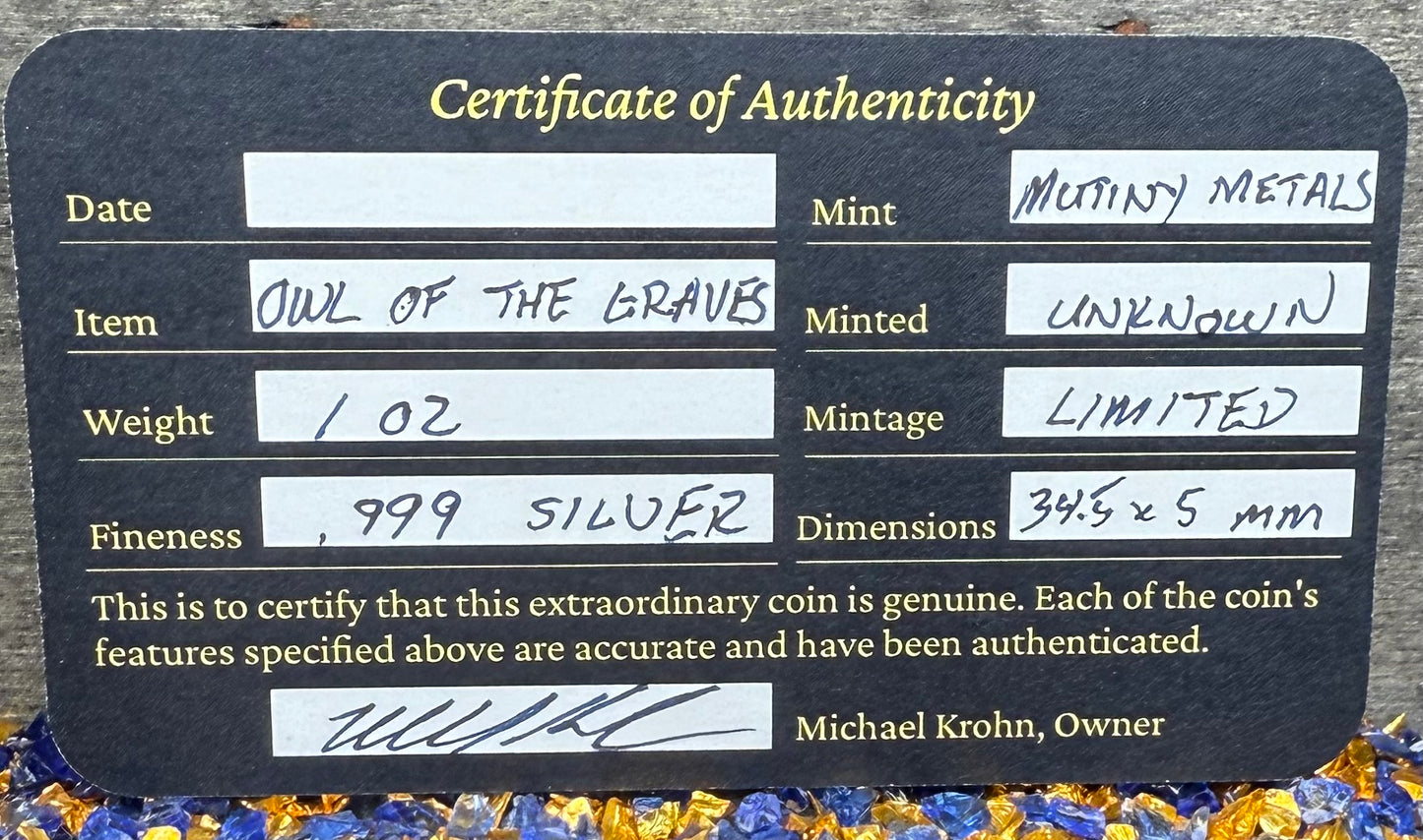 'Owl Amongst The Graves' Hand Crafted by Mutiny Metals 1 Troy Ounce .999 Fine Silver Round High Relief Antique Finish Includes Wood Treasure Chest, Capsule & COA. Limited Edition