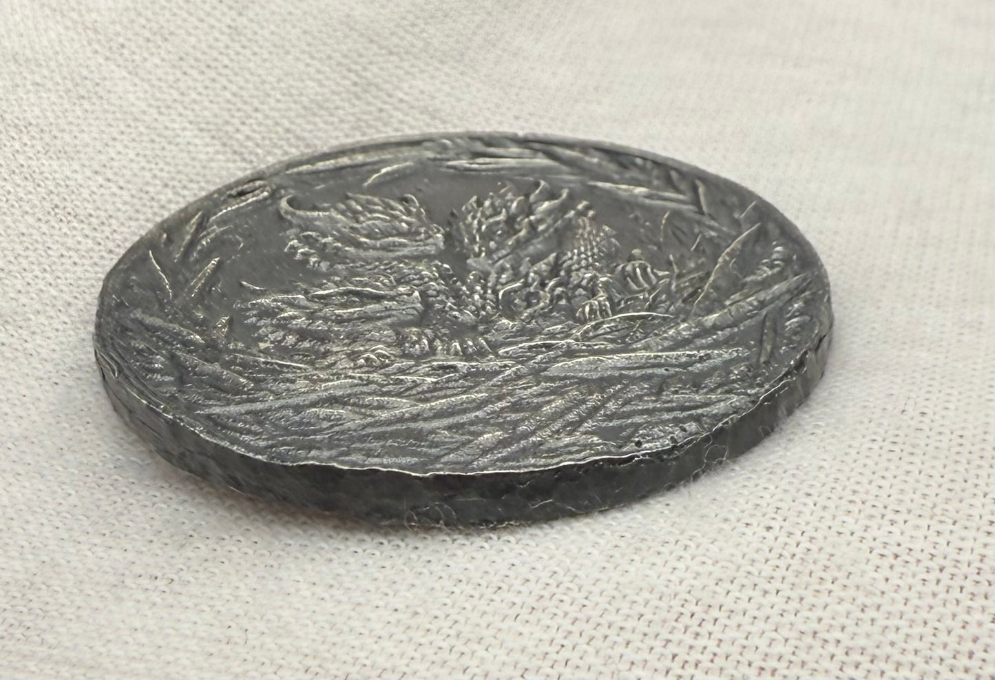 'Dragons Nest Fire Breathing Hatchlings' Hand Crafted by Drone Silver 27 Grams .999 Fine Silver Round Antique Finish Includes Wood Treasure Chest, Capsule & COA. Mint Condition (1 of 20)