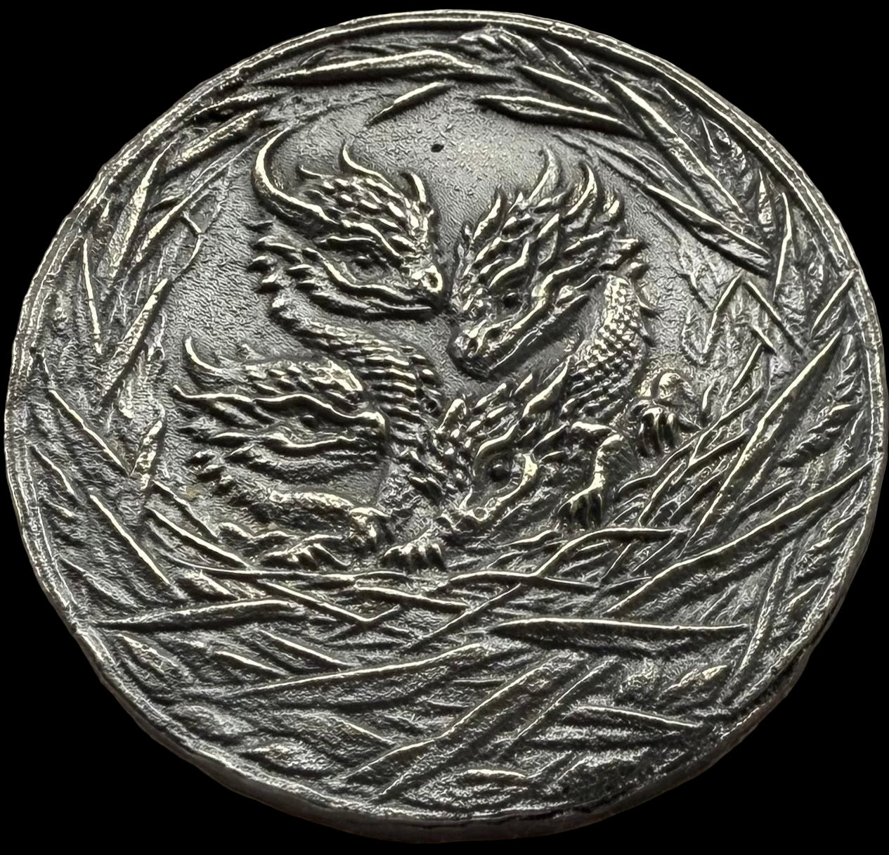 'Dragons Nest Fire Breathing Hatchlings' Hand Crafted by Drone Silver 27 Grams .999 Fine Silver Round Antique Finish Includes Wood Treasure Chest, Capsule & COA. Mint Condition (1 of 20)