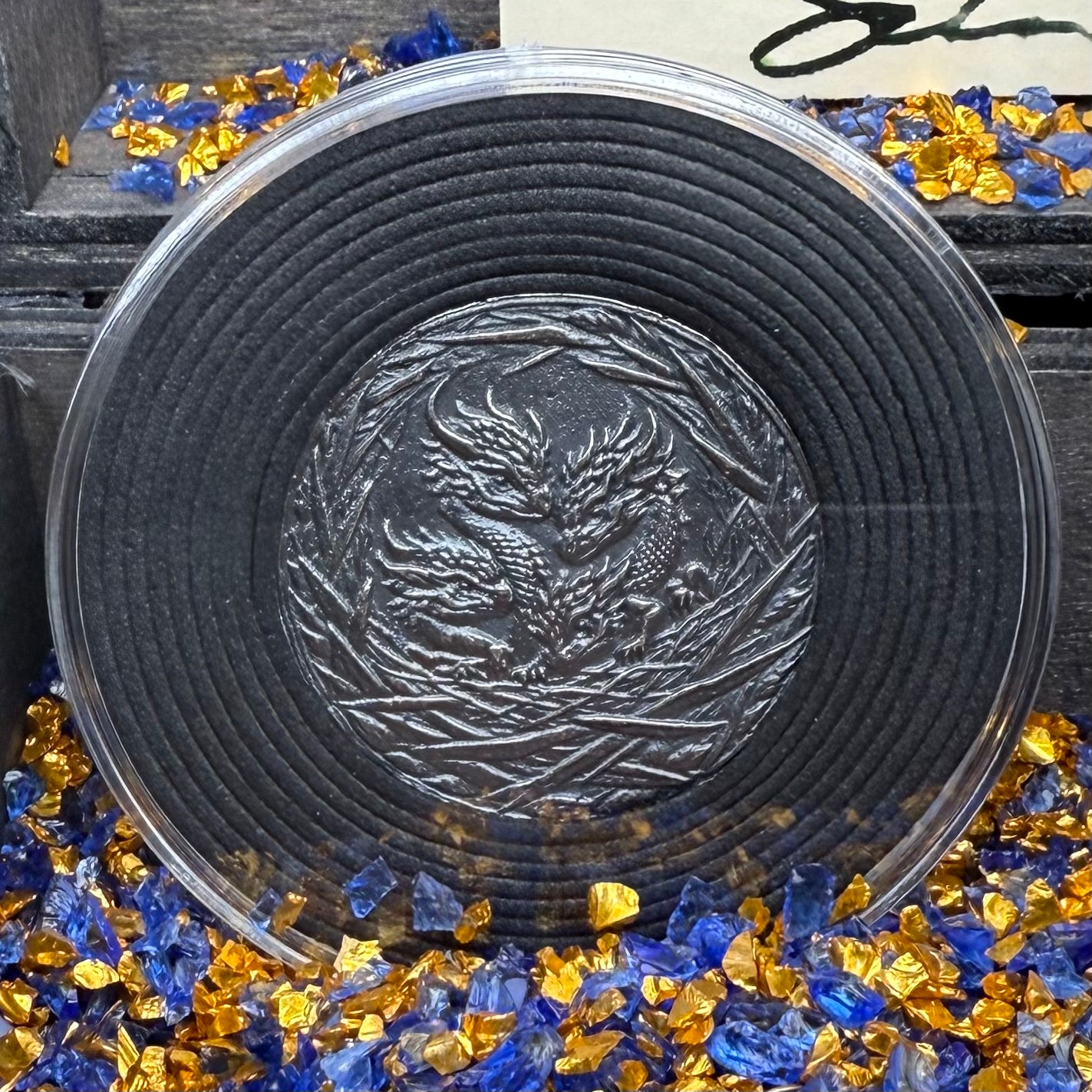 'Dragons Nest Fire Breathing Hatchlings' Hand Crafted by Drone Silver 27 Grams .999 Fine Silver Round Antique Finish Includes Wood Treasure Chest, Capsule & COA. Mint Condition (1 of 20)