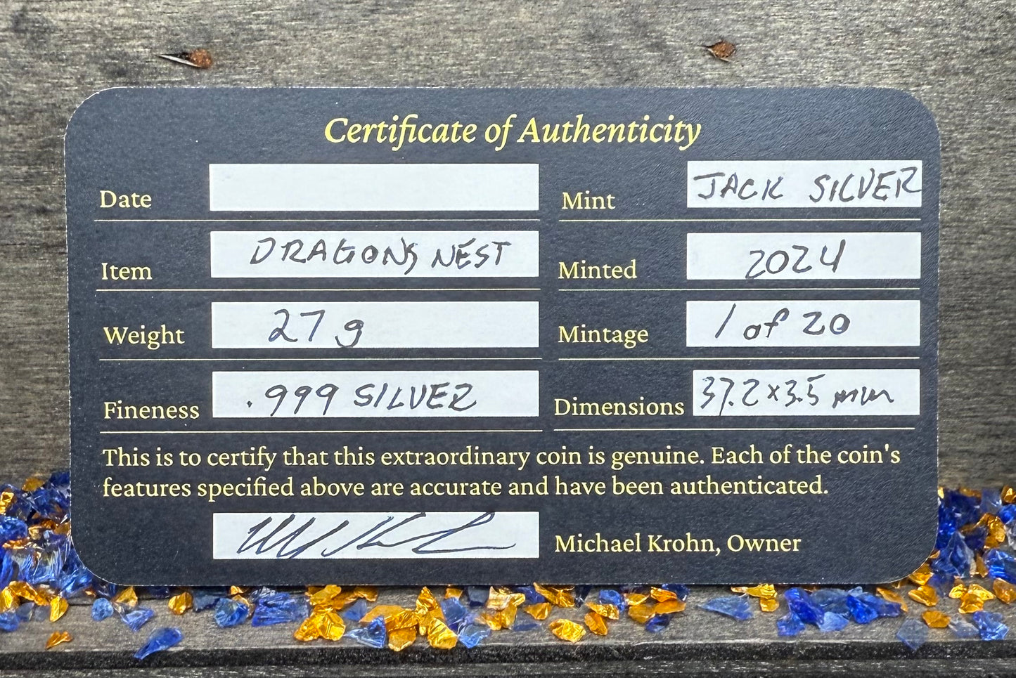 'Dragons Nest Fire Breathing Hatchlings' Hand Crafted by Drone Silver 27 Grams .999 Fine Silver Round Antique Finish Includes Wood Treasure Chest, Capsule & COA. Mint Condition (1 of 20)