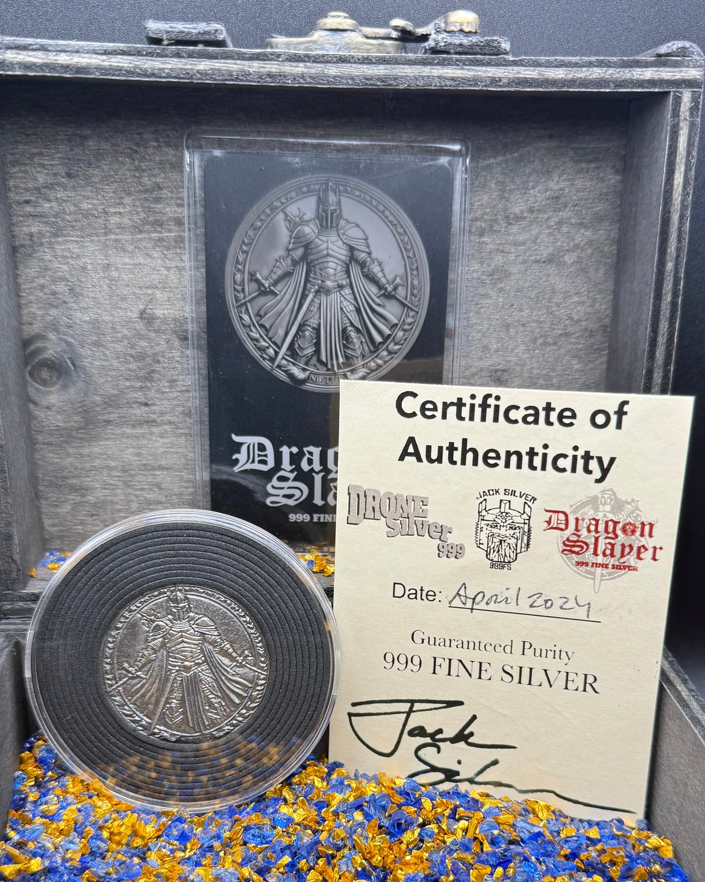 'Dragon Slayer' Hand Crafted by Drone Silver 26 Grams .999 Fine Silver Round Antique Finish Includes Wood Treasure Chest, Capsule & COA (1 of 20)