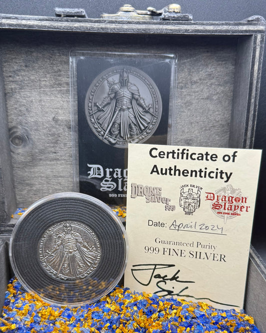 'Dragon Slayer' Hand Crafted by Drone Silver 26 Grams .999 Fine Silver Round Antique Finish Includes Wood Treasure Chest, Capsule & COA (1 of 20)