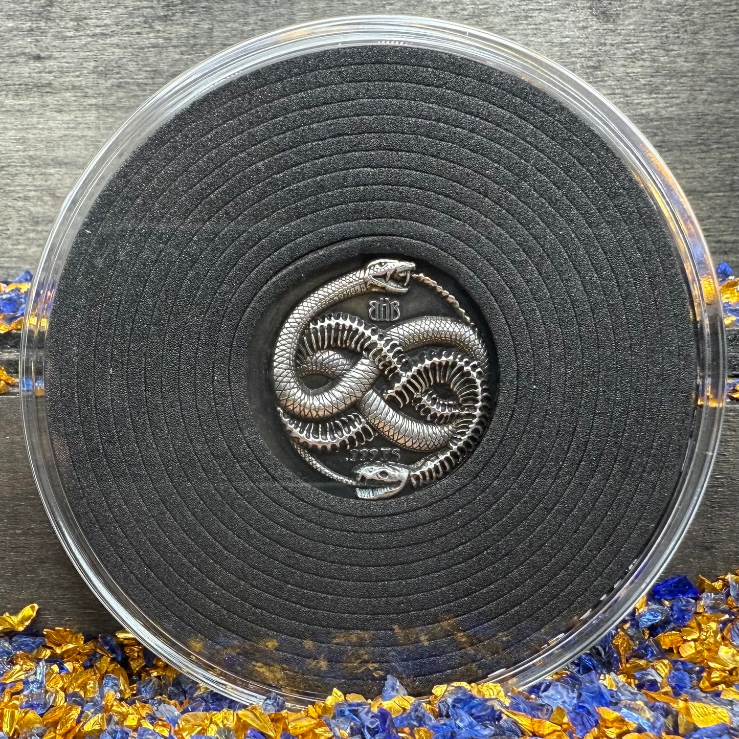 Snake Cycle of Life - Hand Crafted by Black Hand Bullion 1 oz .999 Fine Silver Round Antique Finish Includes Wood Treasure Chest, Capsule & COA Limited Edition