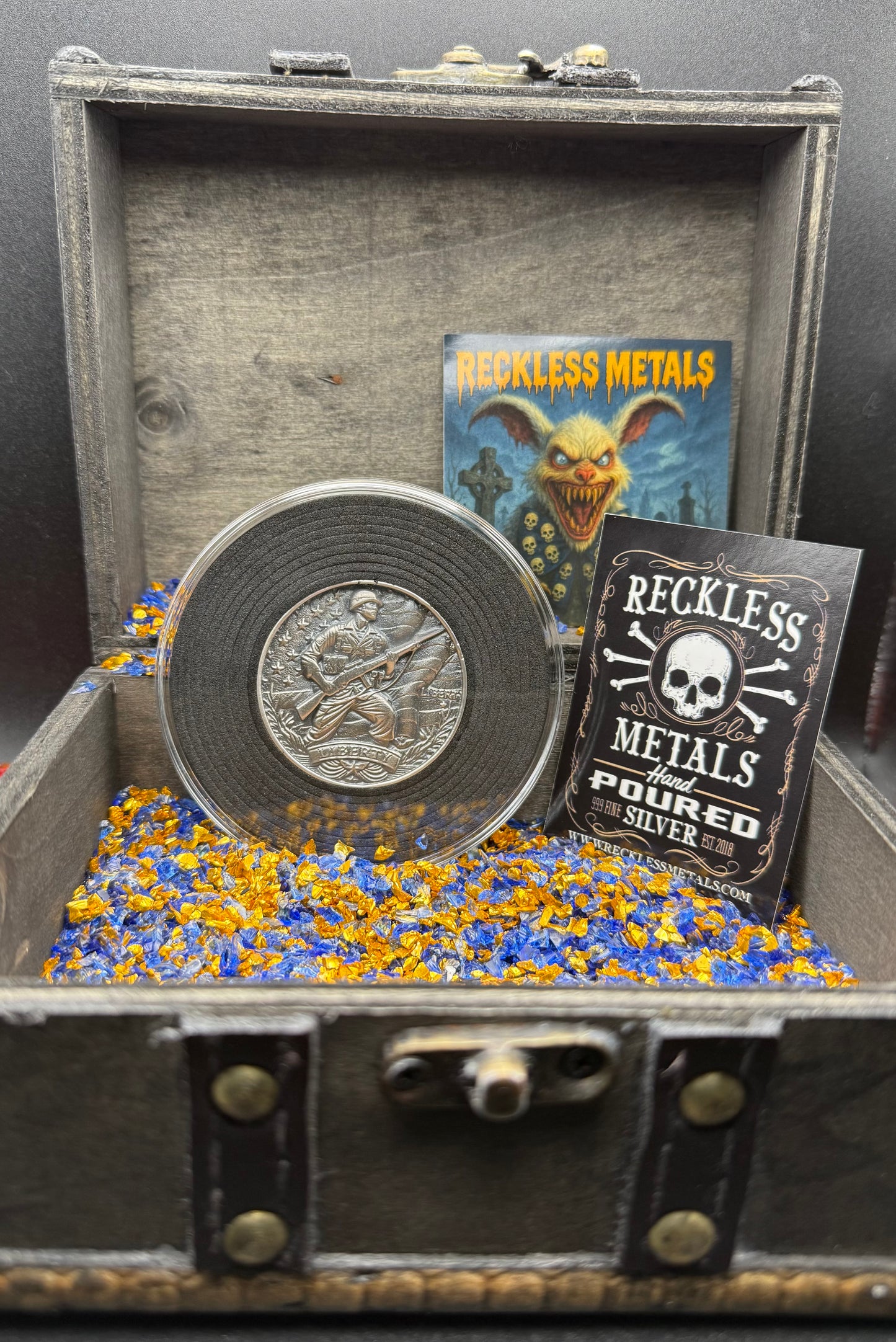 'Defender of Liberty' Hand Crafted by Reckless Metals 1.4 oz .999 Fine Silver Round Antique Finish Includes Wood Treasure Chest, Capsule & COA Mint Condition Limited Edition 1 of 61