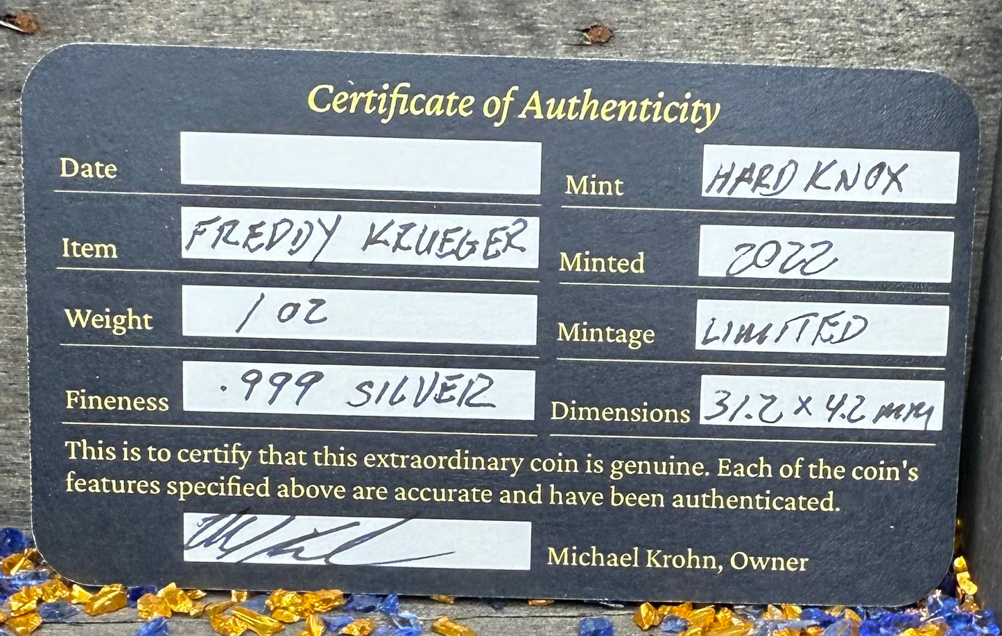 'Freddy Krueger Sweet Dreams' Hand Crafted by Hard Knox Metals 1 oz .999 Fine Silver Round Oxidized Finish Includes Wooden Treasure Box, Capsule & COA Limited Edition