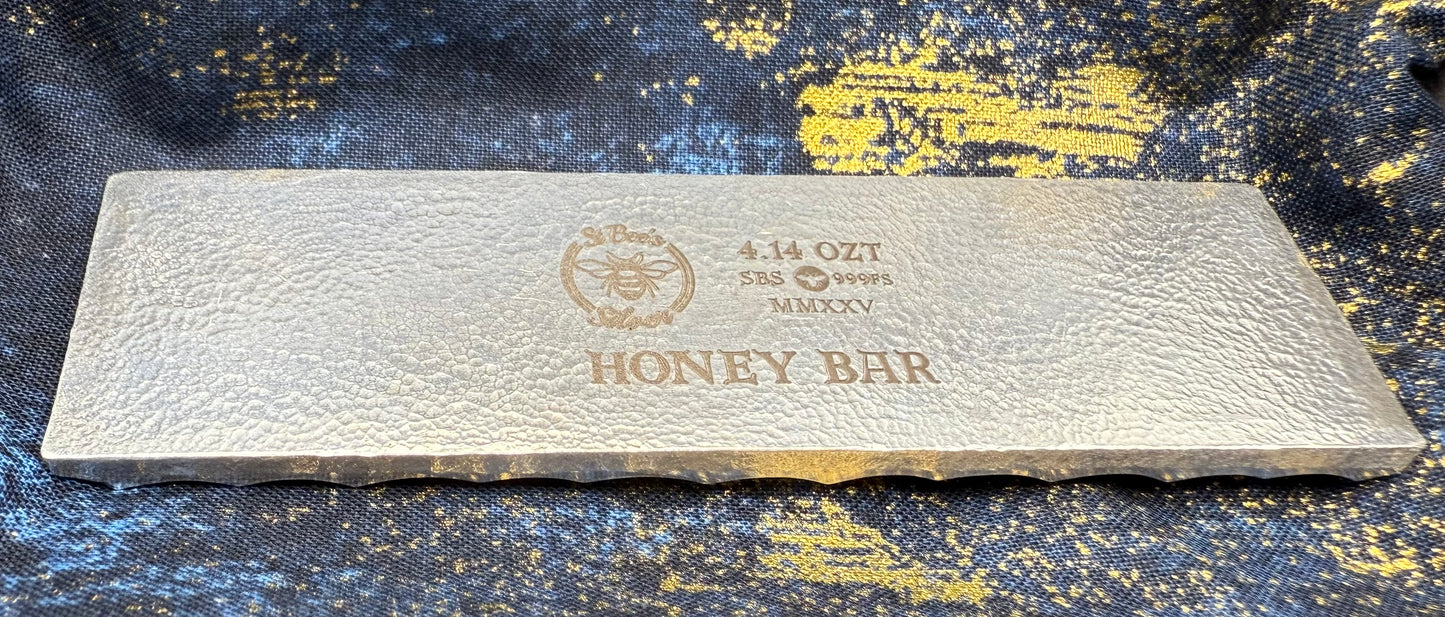 'Honey Bar' 4.14 oz .999 Fine Silver Bar, Hand Crafted by St Bee's in England, Shiny Finish, Includes Wood Treasure Chest, COA, Mint Condition, Limited Edition