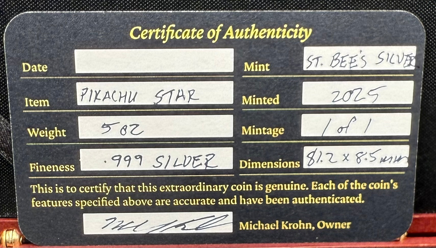 Pokémon 'Monster Pikachu Star' 5 oz .999 Fine Silver Star Hand Crafted by St Bee's in England, Shiny Finish, Includes Wood Display Box, Capsule, COA, Mint Condition (Prototype 1 of 1)