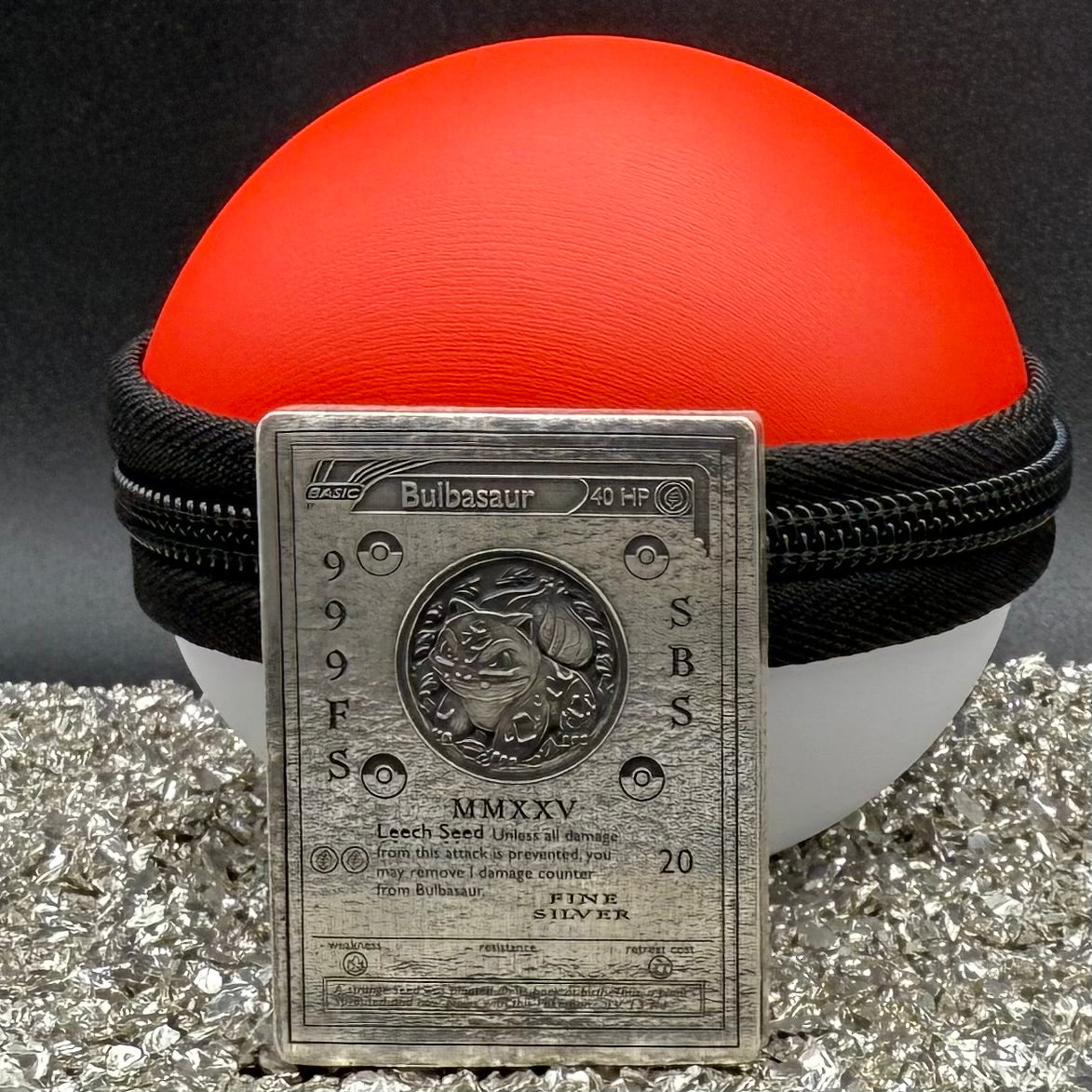 Pokémon Bulbasaur 2.44 oz .999 Pure Silver Trading Card Hand Crafted by St Bee's in England, Satin Finish, Includes Poké Ball & COA, Mint Condition Limited Edition