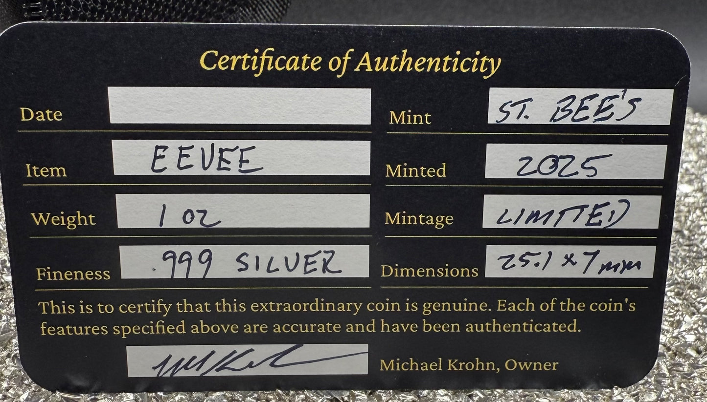 Pokémon ' Eevee' 1 oz .999 Pure Silver Round Hand Crafted by St Bee's in England, Satin Finish, Includes Poké Ball & COA, Mint Condition Limited Edition