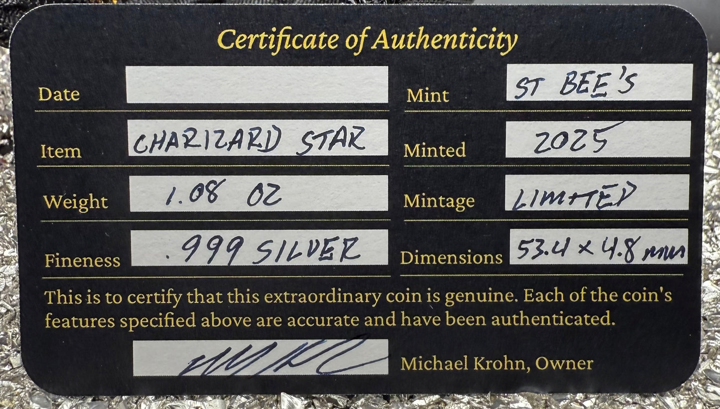 Pokémon 'Charizard Star' 1.08 oz .999 Fine Silver Star Hand Crafted by St Bee's in England, Shiny Finish, Includes Poké Ball & COA, Mint Condition, Limited Edition