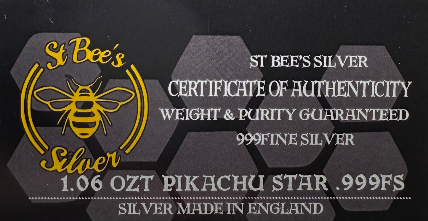 Pokémon 'Pikachu Star' 1.06 oz .999 Fine Silver Star Hand Crafted by St Bee's in England, Shiny Finish, Includes Poké Ball & COA, Mint Condition, Limited Edition
