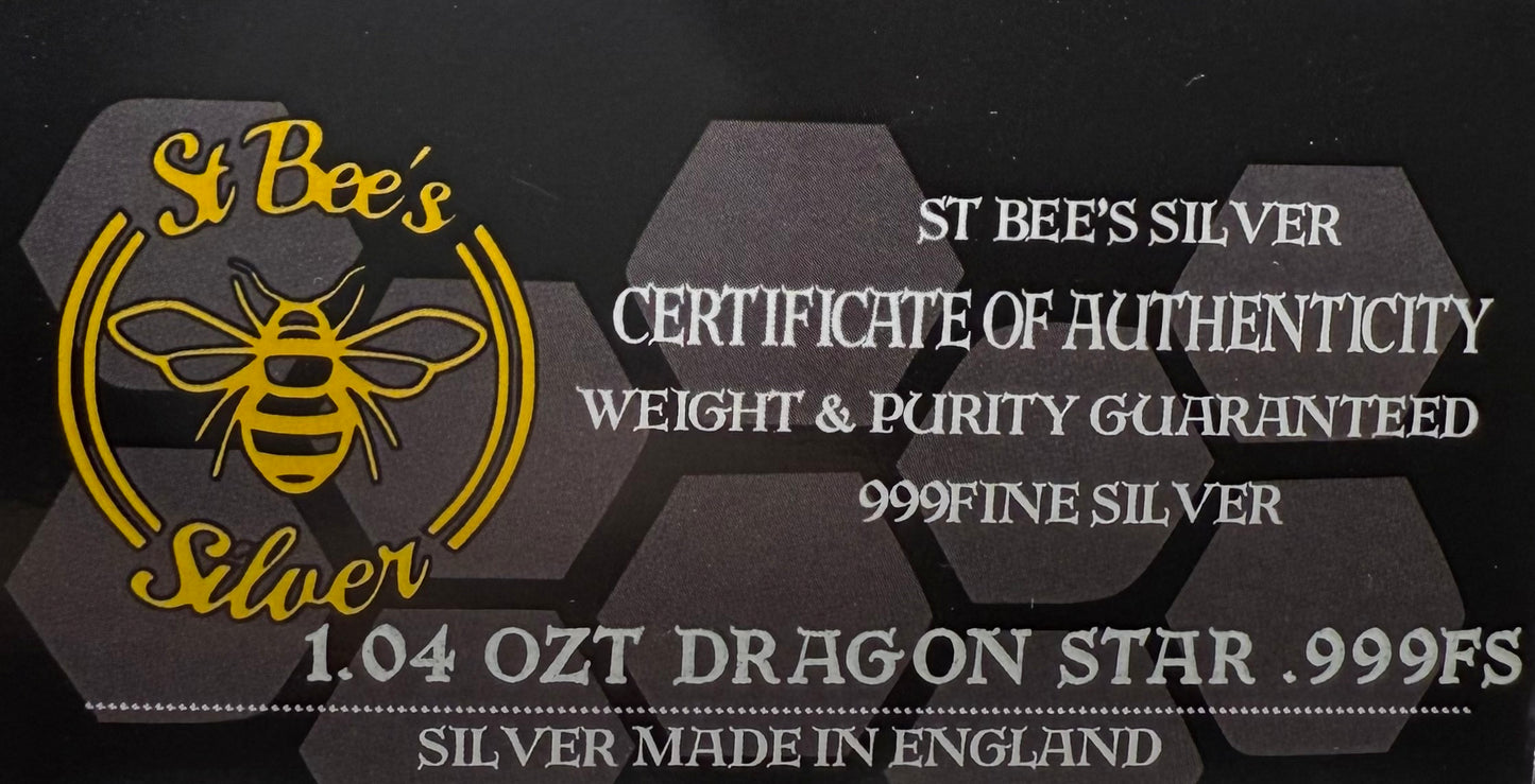 'Twin Dragon Star' 1.04 oz .999 Fine Silver Star Hand Crafted by St Bee's in England, Shiny Finish, Includes Earbud Case & COA, Mint Condition, Limited Edition