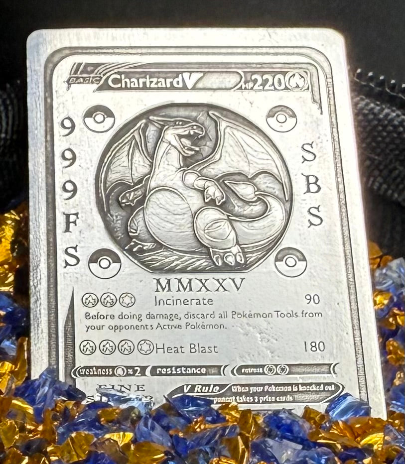 Pokémon 'Fire Charizard' 2.82 oz .999 Pure Silver Trading Card Hand Crafted by St Bee's in England, Satin Finish, Includes Poké Ball & COA, Mint Condition Limited Edition