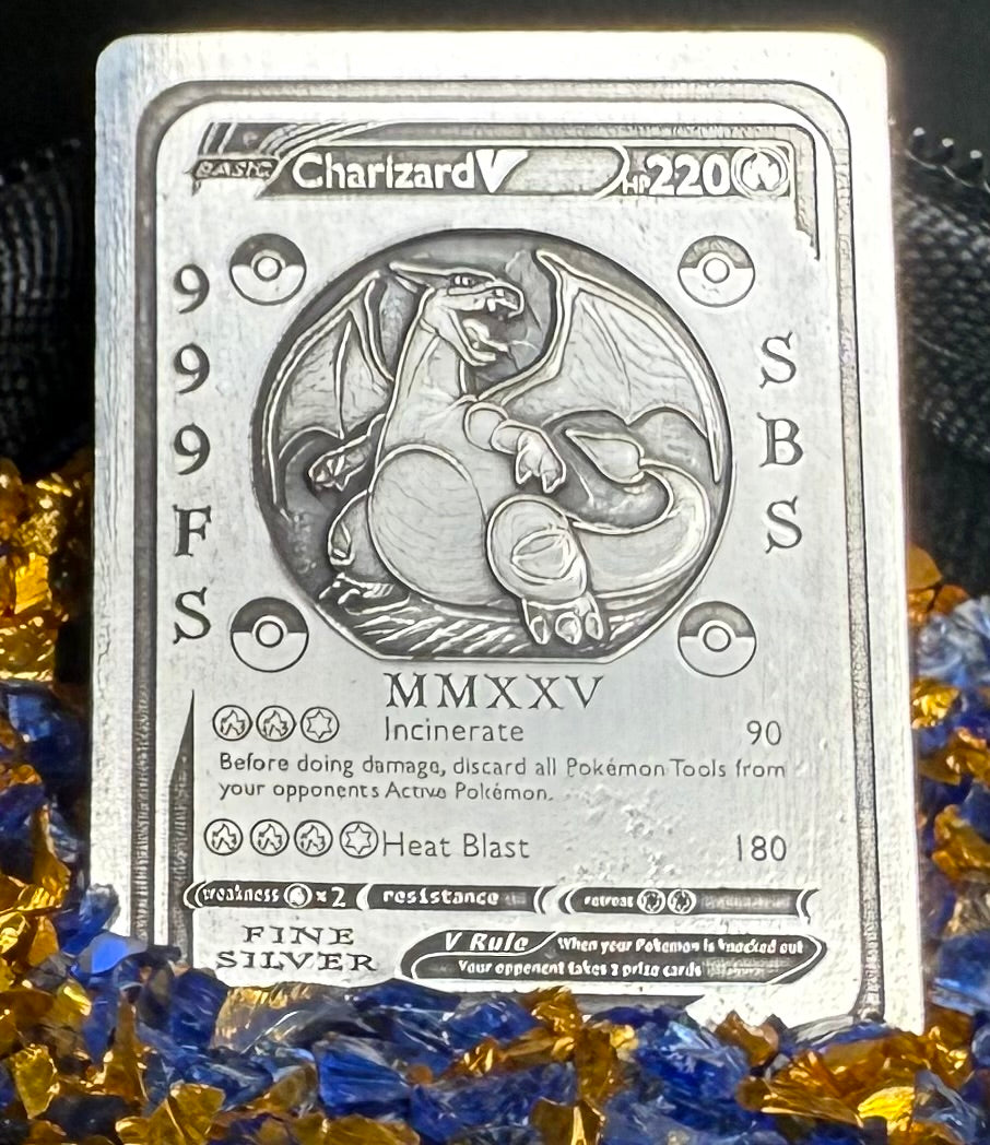 Pokémon 'Fire Charizard' 2.82 oz .999 Pure Silver Trading Card Hand Crafted by St Bee's in England, Satin Finish, Includes Poké Ball & COA, Mint Condition Limited Edition