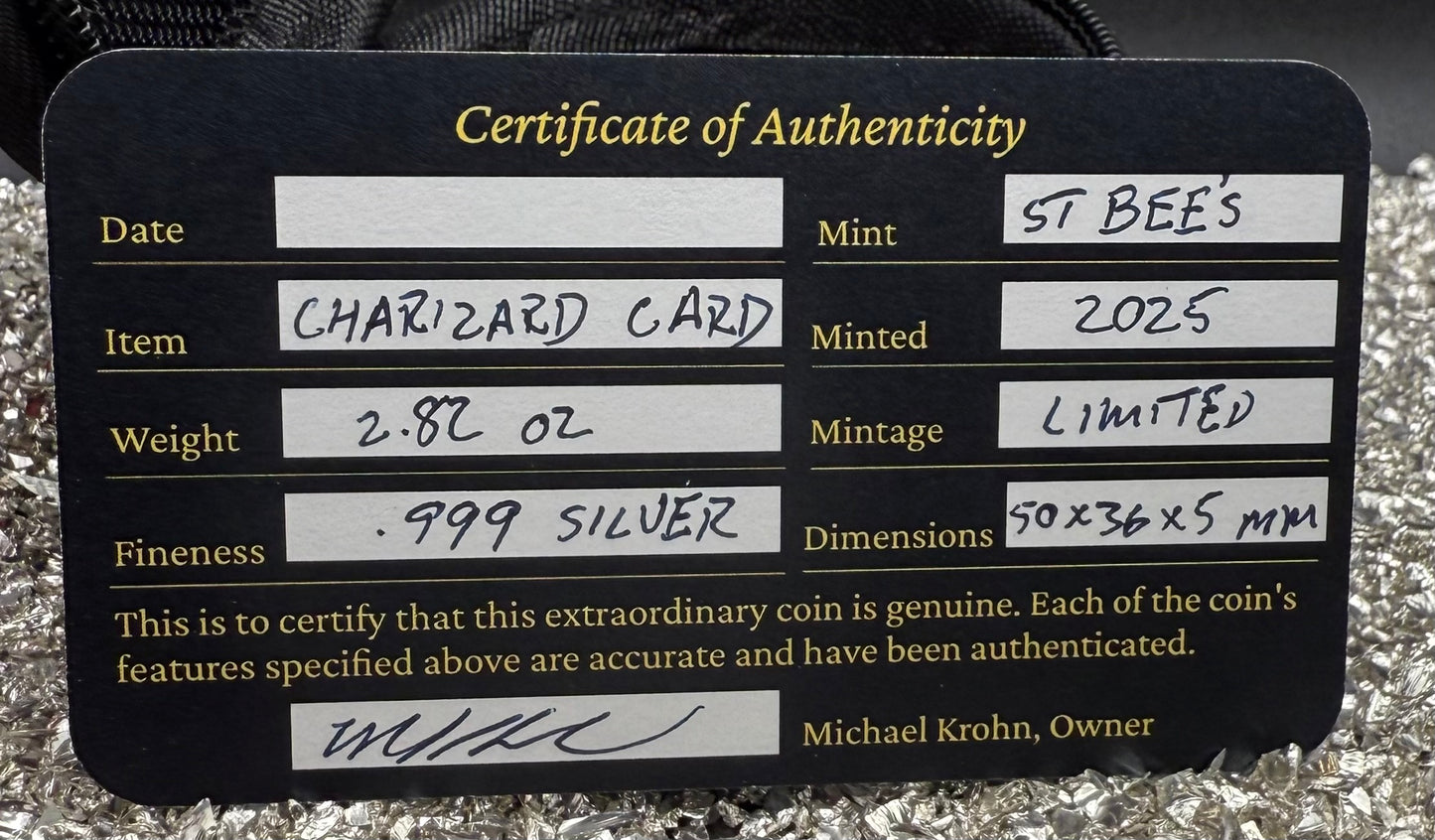 Pokémon 'Fire Charizard' 2.82 oz .999 Pure Silver Trading Card Hand Crafted by St Bee's in England, Satin Finish, Includes Poké Ball & COA, Mint Condition Limited Edition