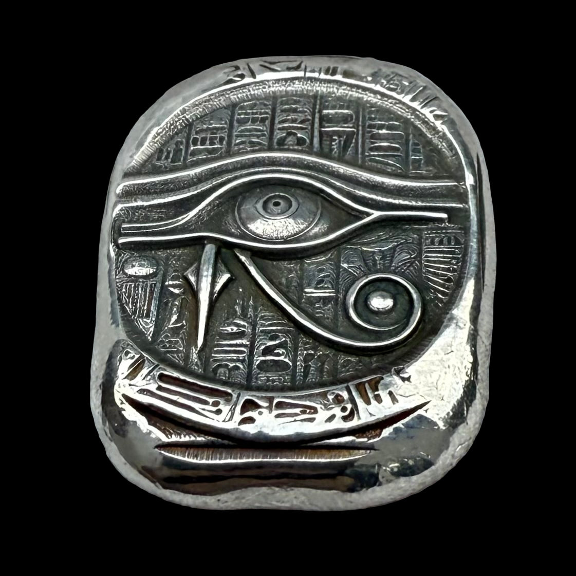 Egyptian Series 'Eye of Ra' .5 oz .999 Pure Silver Nugget Hand Crafted by St Bee's in England, Antique Finish, Includes Wooden Box & COA, Mint Condition Limited Edition