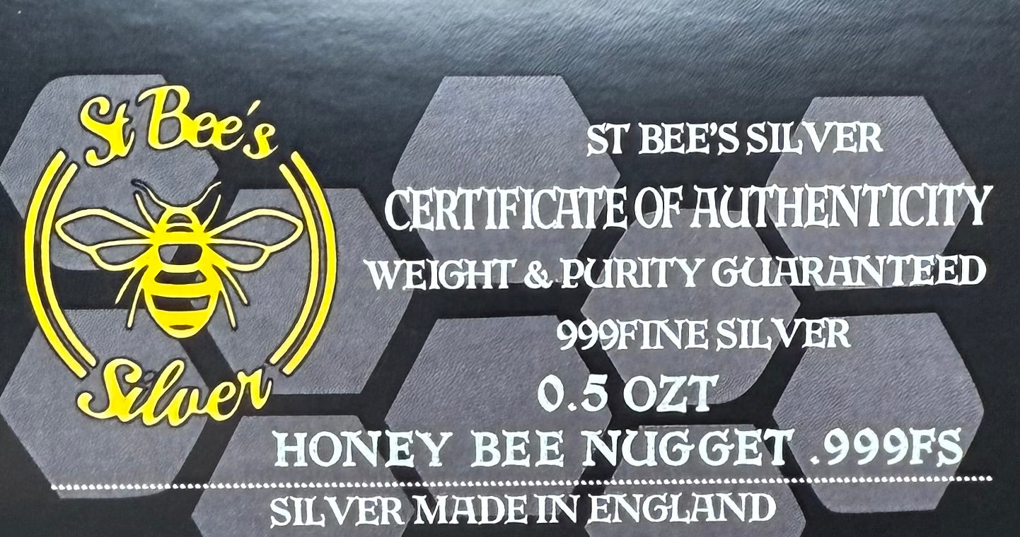 'Honey Bee' .5 oz .999 Pure Silver Nugget Hand Crafted by St Bee's in England, Shiny Finish, Includes Wooden Box & COA, Mint Condition Limited Edition