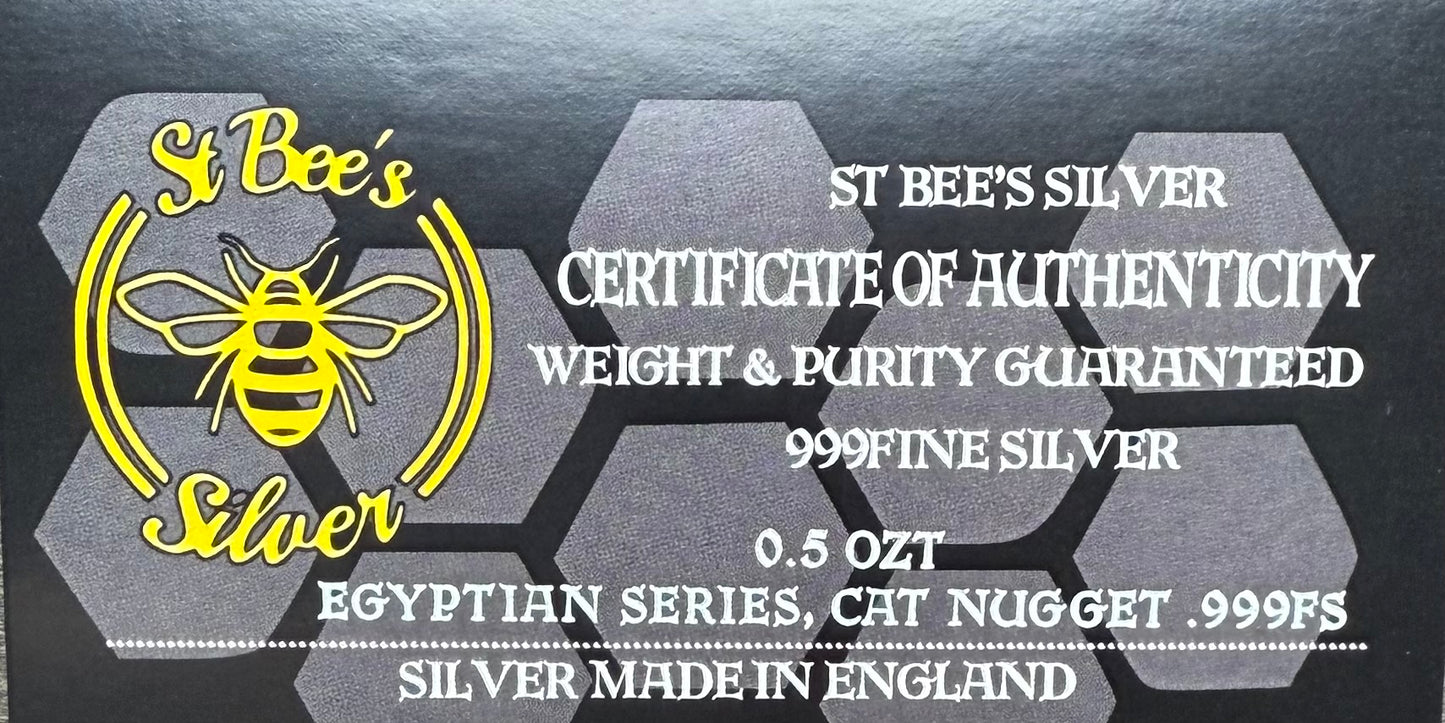 Egyptian Series 'Cat' .5 oz .999 Pure Silver Nugget Hand Crafted by St Bee's in England, Antique Finish, Includes Wooden Box & COA, Mint Condition Limited Edition