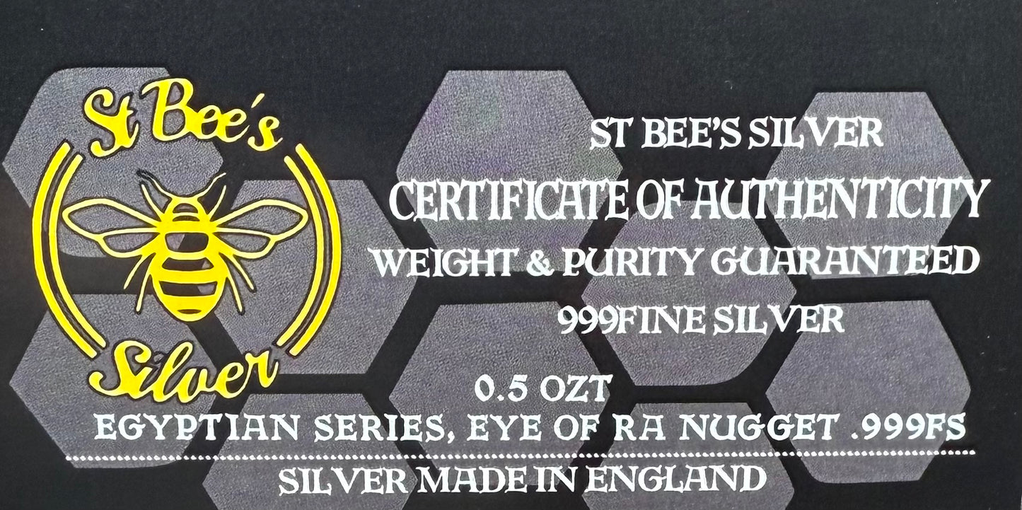 Egyptian Series 'Eye of Ra' .5 oz .999 Pure Silver Nugget Hand Crafted by St Bee's in England, Antique Finish, Includes Wooden Box & COA, Mint Condition Limited Edition