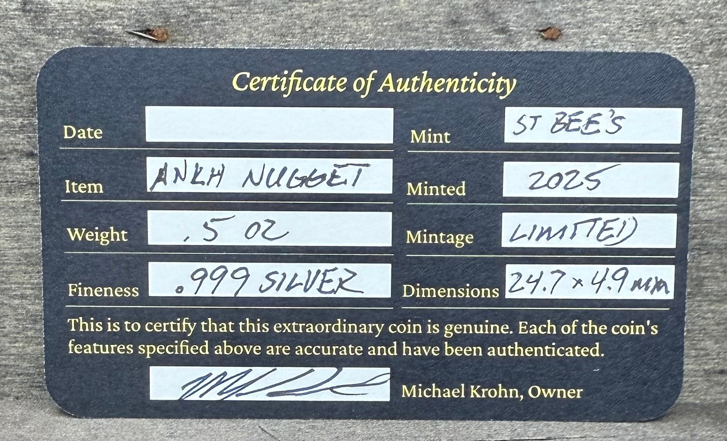 Egyptian Series 'Ankh' .5 oz .999 Pure Silver Nugget Hand Crafted by St Bee's in England, Antique Finish, Includes Wooden Box & COA, Mint Condition Limited Edition