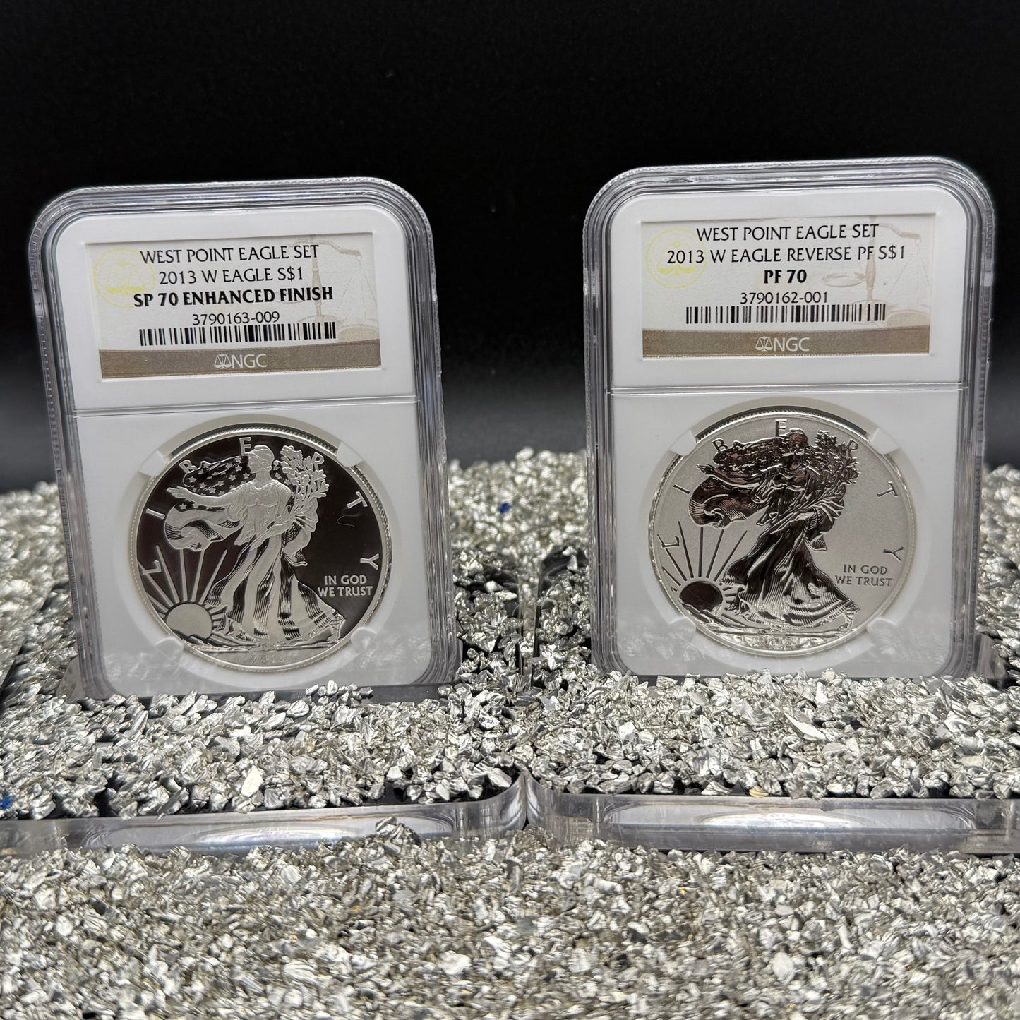 Reverse Proof & Enhanced Finish (2 Coin Set) 2013 (W) $1 American Silver Eagle NGC PF70 White Core Holder Classic Brown Label