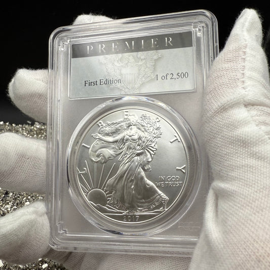 Burnished 2017 (W) $1 American Silver Eagle PCGS SP70 Premier Black Label Mint Condition (1 of 2,500)
