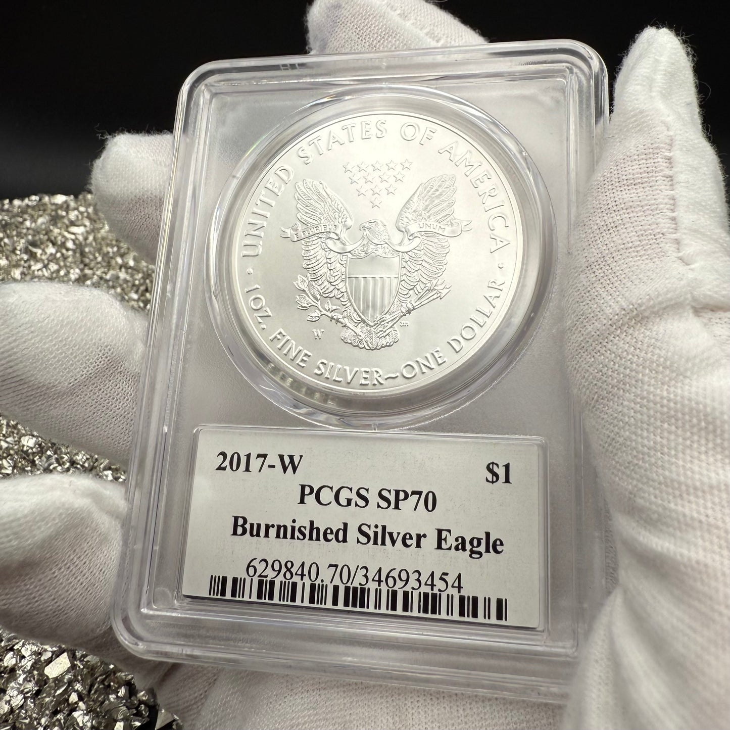 Burnished 2017 (W) $1 American Silver Eagle PCGS SP70 Premier Black Label Mint Condition (1 of 2,500)