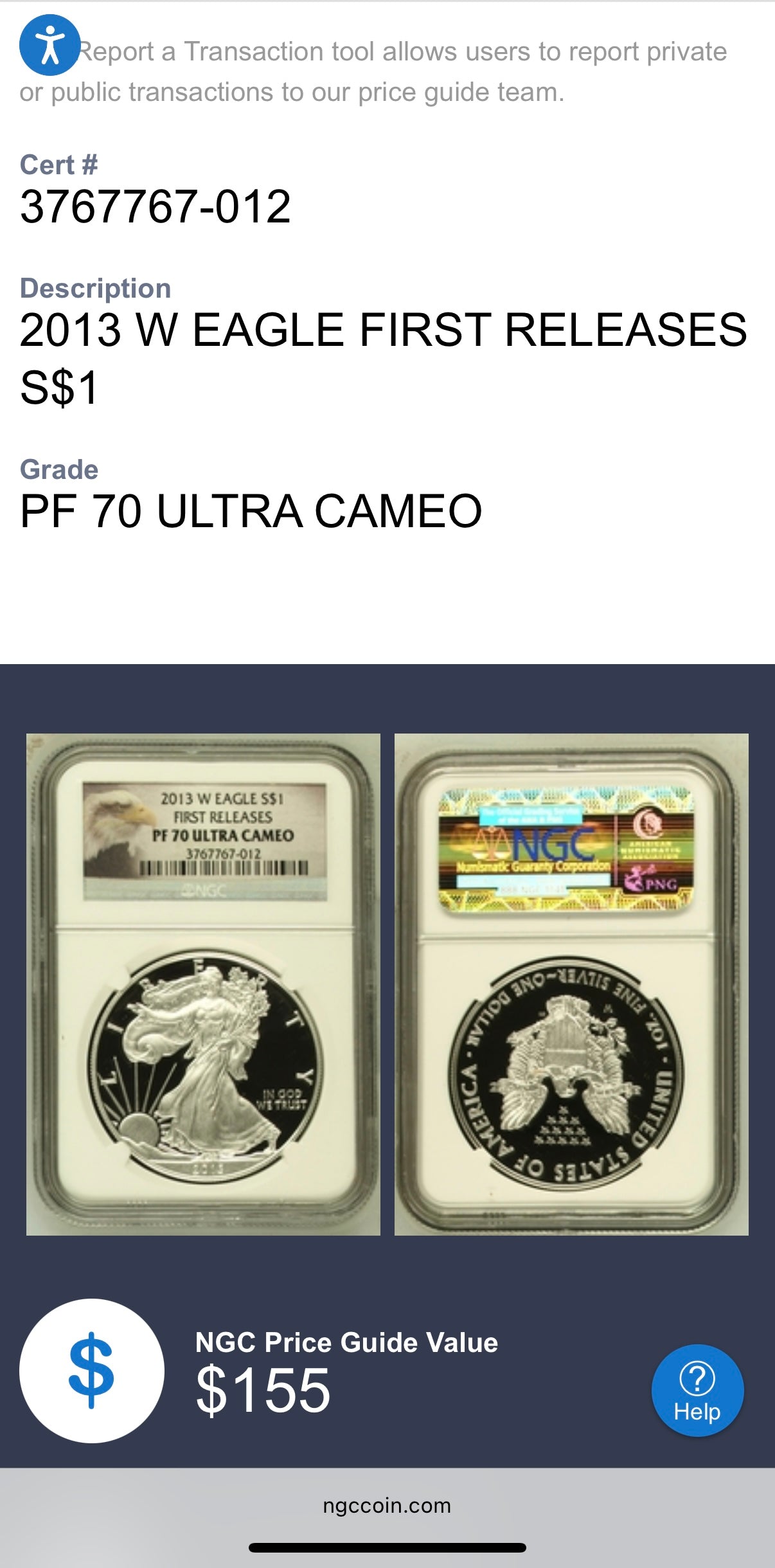 Proof 2013 (W) $1 American Silver Eagle NGC PF70UC First Releases Eagle Label White Holder (1 of 5,212)