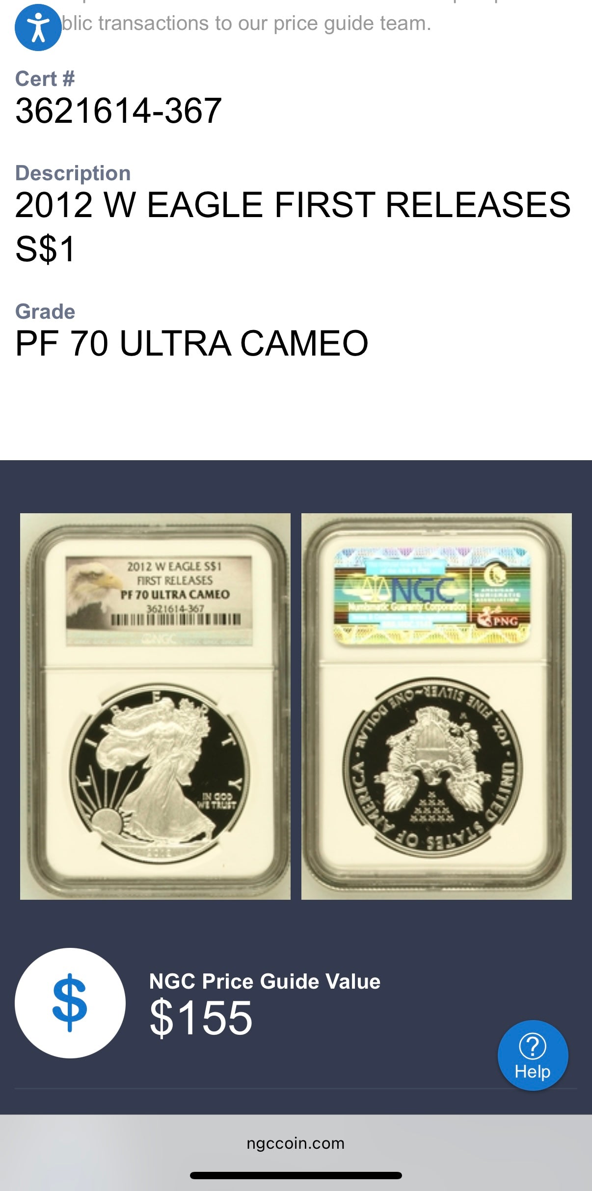 Proof 2012 (W) $1 American Silver Eagle NGC PF70UC First Releases Eagle Label White Holder (1 of 4,222)