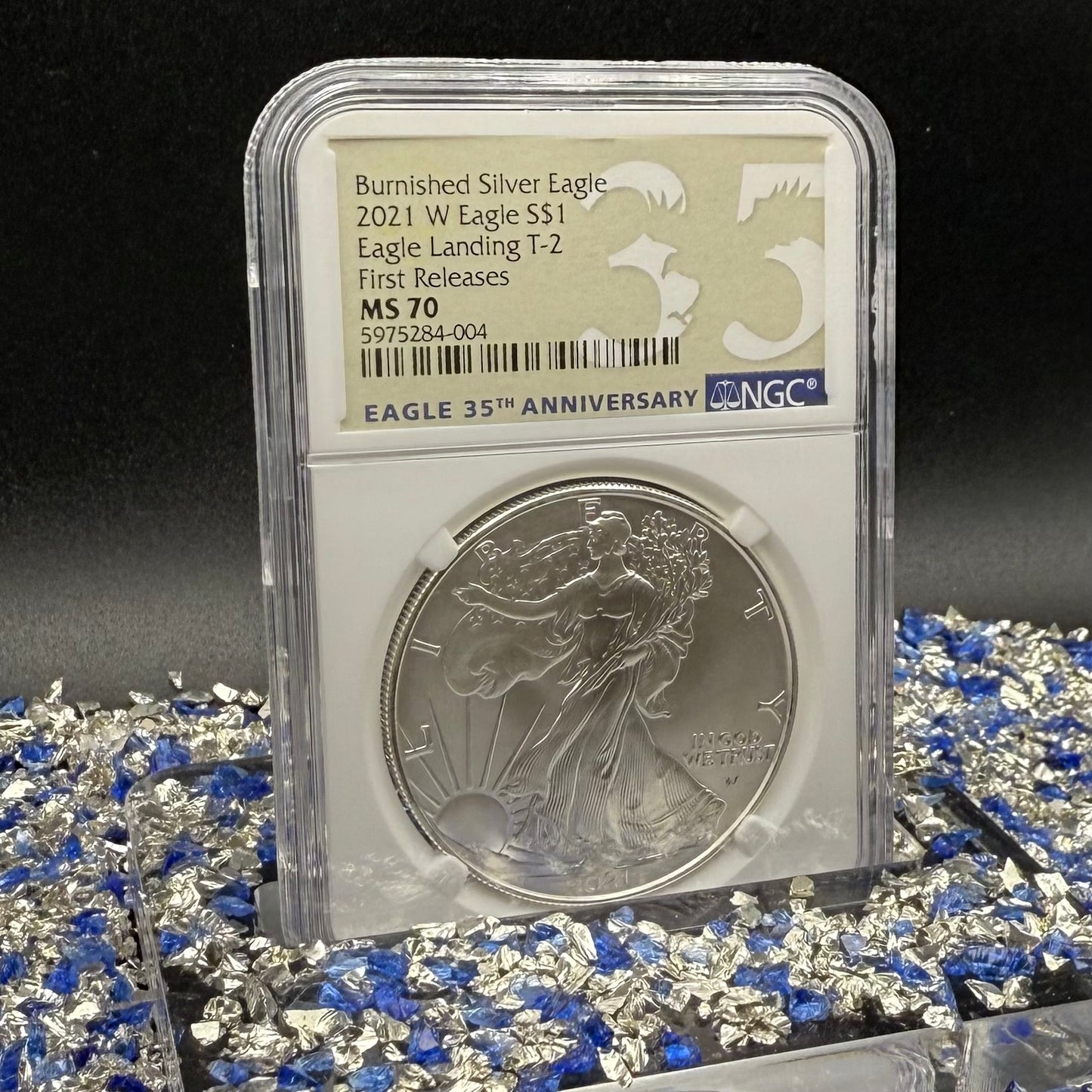 Burnished 2021 (W) $1 American Silver Eagle NCG MS70 First Releases T-2 35th Anniversary Eagle Label Mint Condition (1 of 1,997)