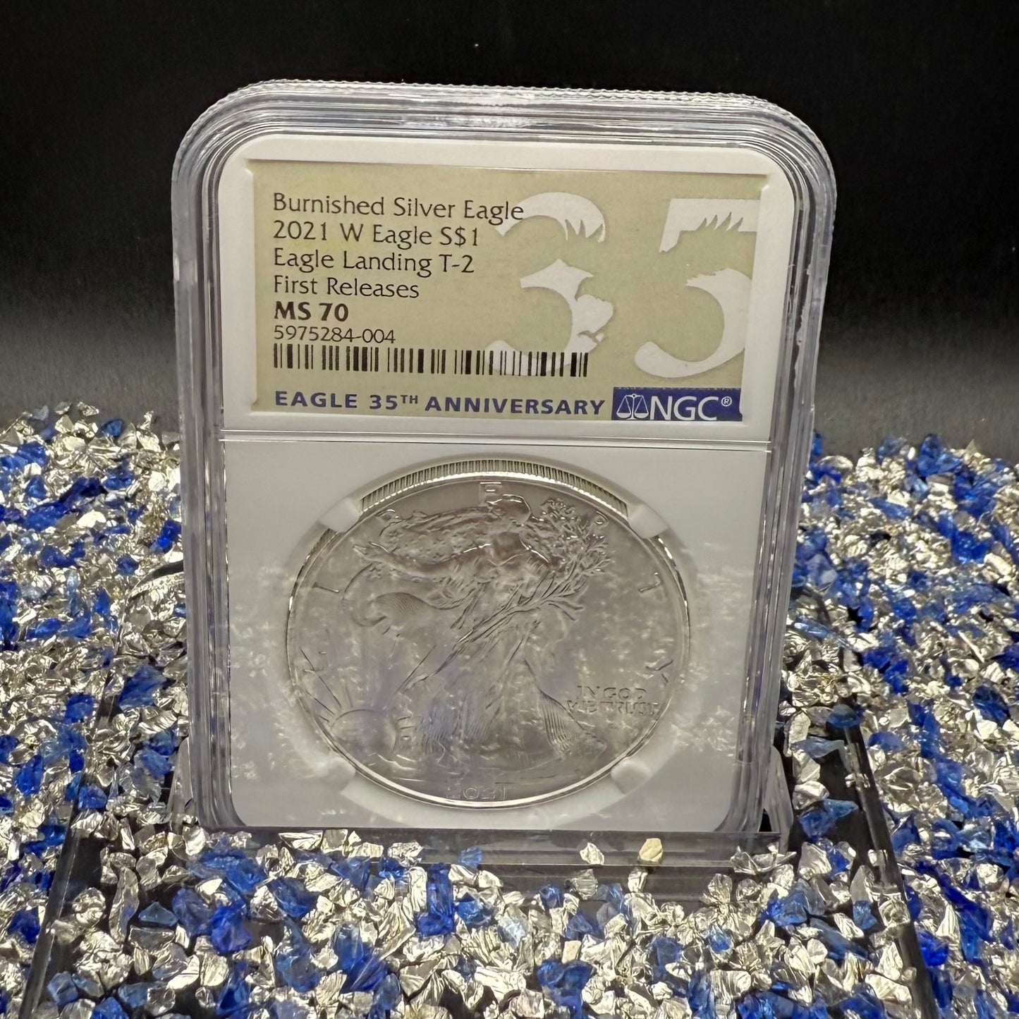 Burnished 2021 (W) $1 American Silver Eagle NCG MS70 First Releases T-2 35th Anniversary Eagle Label Mint Condition (1 of 1,997)