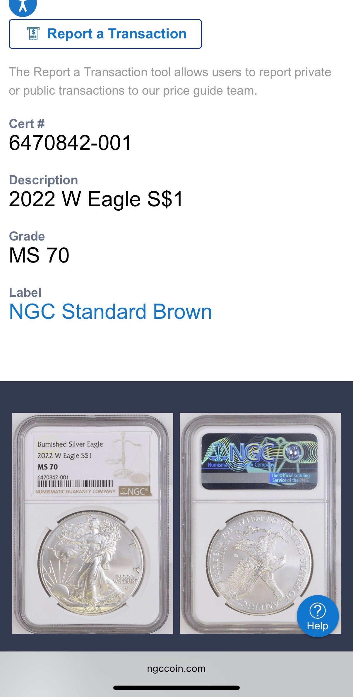 Burnished 2022 (W) $1 American Silver Eagle NCG MS70 Modern Brown Label Mint Condition (1 of 3,027)