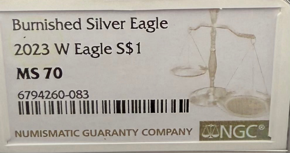Burnished 2023 (W) $1 American Silver Eagle NCG MS70 Modern Brown Label Mint Condition (1 of 1,528)