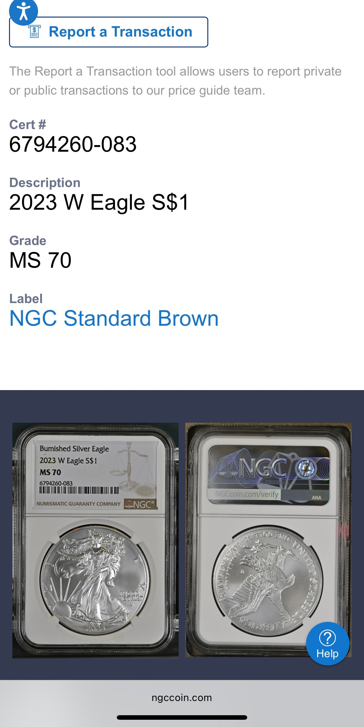 Burnished 2023 (W) $1 American Silver Eagle NCG MS70 Modern Brown Label Mint Condition (1 of 1,528)