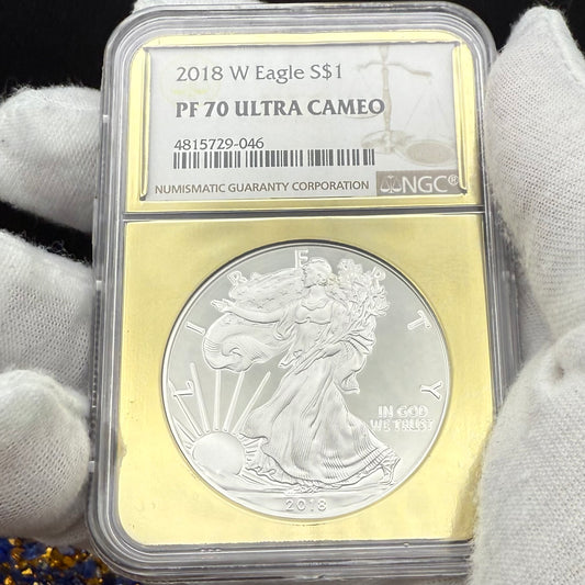 Proof 2018 (W) $1 American Silver Eagle NGC PF70UC Classic Brown Label Gold Foil (1 of 5,446)