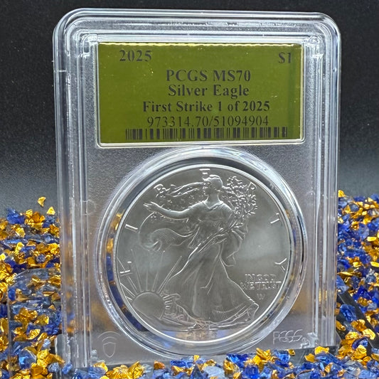 2025 $1 (W) American Silver Eagle PCGS MS70 First Strike Gold Foil Label Mint Condition (Rare 1 of 2,025)