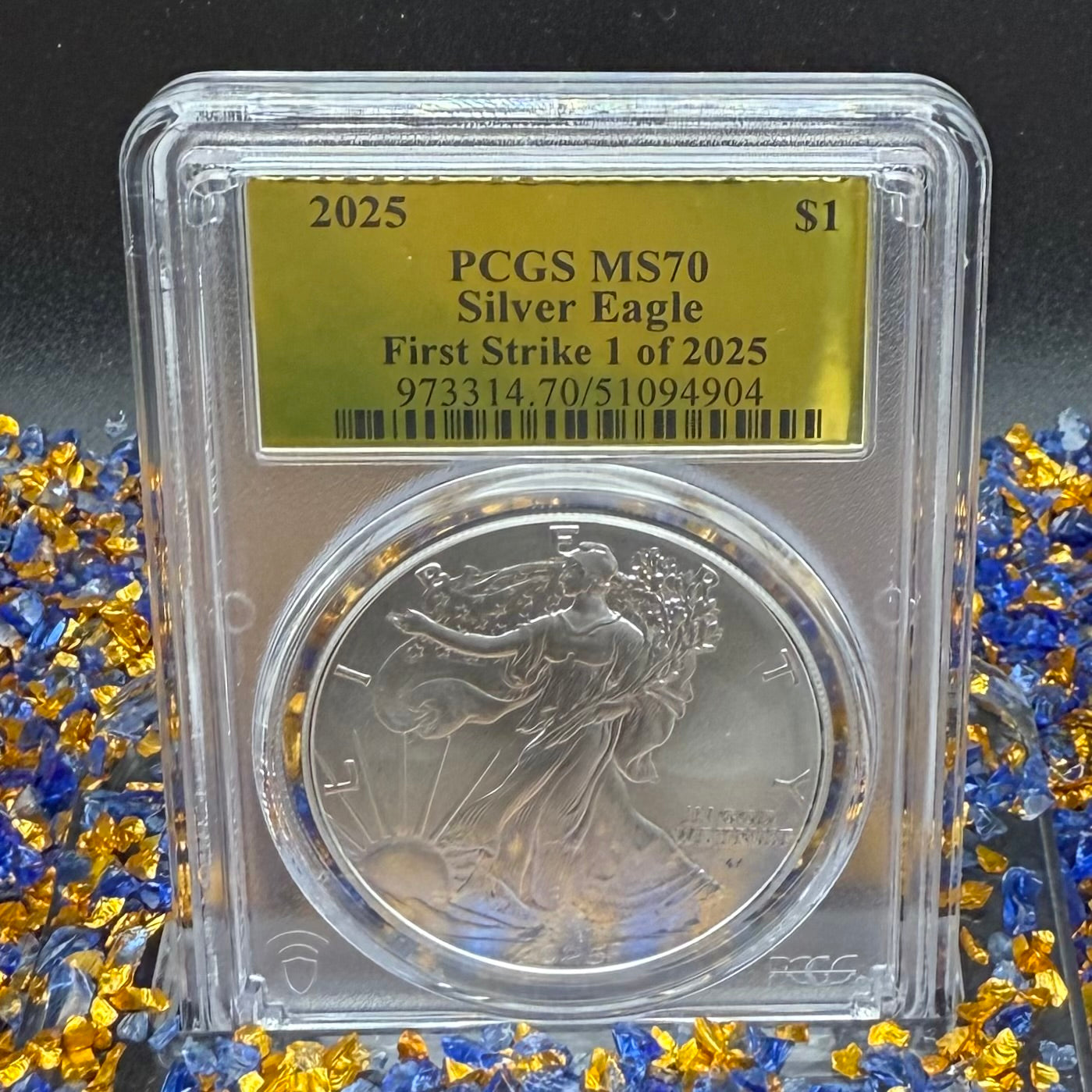 2025 $1 (W) American Silver Eagle PCGS MS70 First Strike Gold Foil Label Mint Condition (Rare 1 of 2,025)