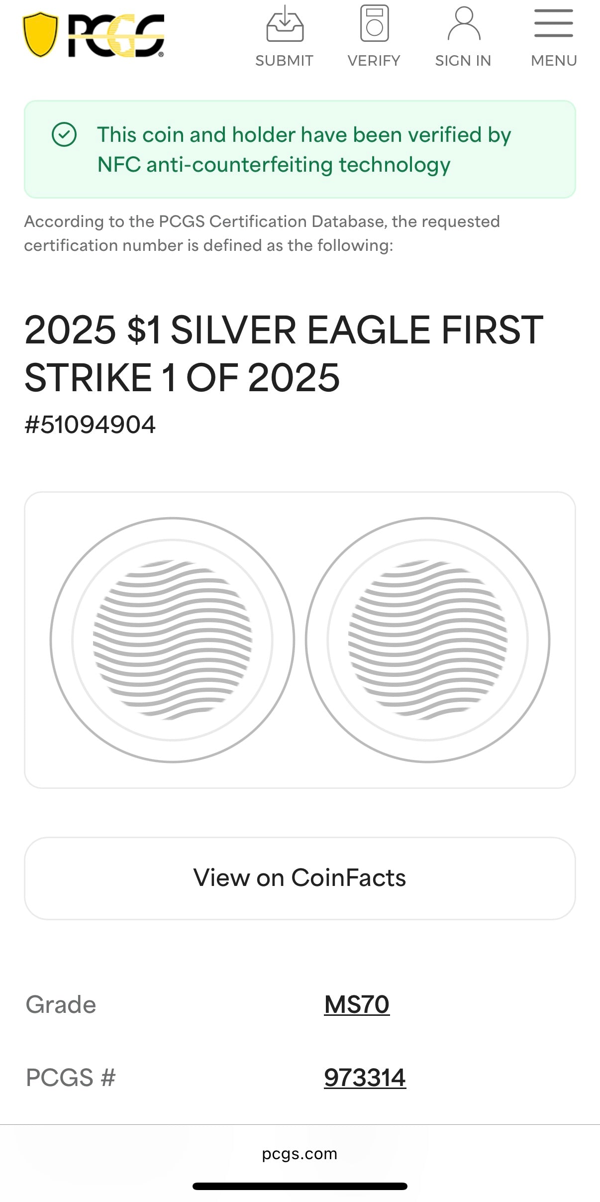 2025 $1 (W) American Silver Eagle PCGS MS70 First Strike Gold Foil Label Mint Condition (Rare 1 of 2,025)