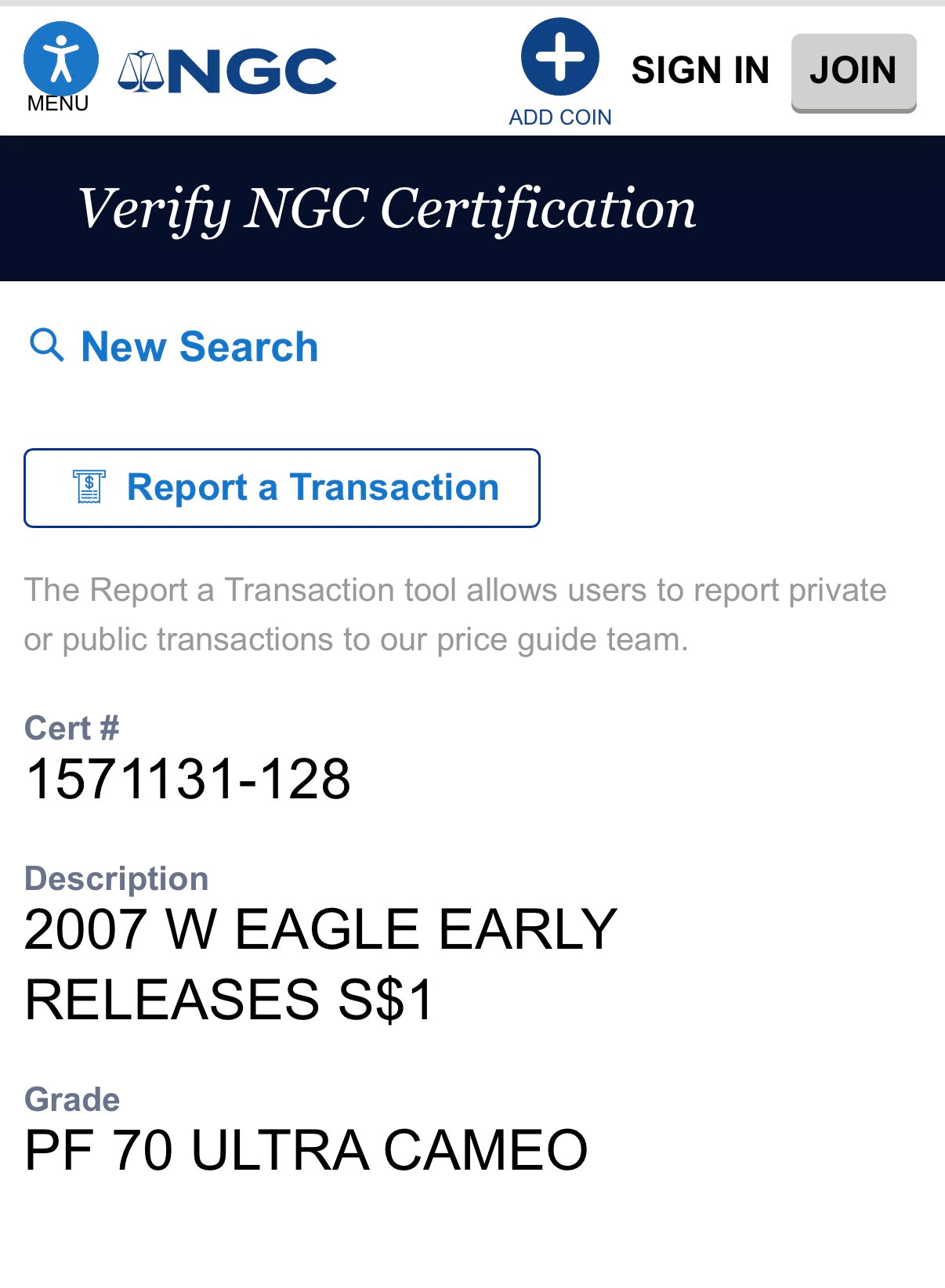 Proof 2007 (W) $1 American Silver Eagle NGC PF70UC Early Releases Class Blue Label White Holder (1 of 16,133) Mint