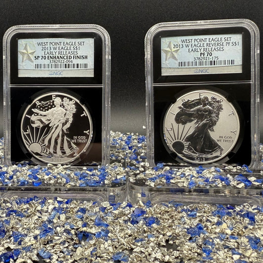 Reverse Proof & Enhanced Finish (2 Coin Set) 2013 (W) $1 American Silver Eagle NGC PF70 Black Core Holder West Point Silver Star Label